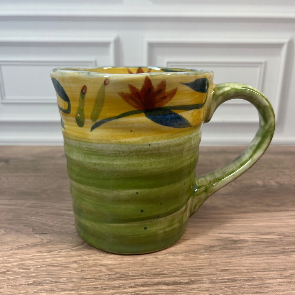 Pier 1 Elizabeth 16oz Coffee Tea Mug Green Yellow Handpainted Floral Stoneware